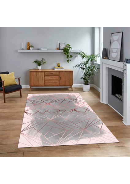 Dijital Baskılı Kaymaz Taban Yıkanabilir Modern Yolluk Mutfak Salon Halısı, V-Modern-44-Pembe,