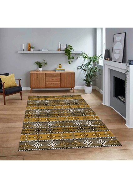Dijital Baskılı Kaymaz Taban Yıkanabilir Modern Yolluk Mutfak Salon Halısı, V-Modern-19-Kahve,