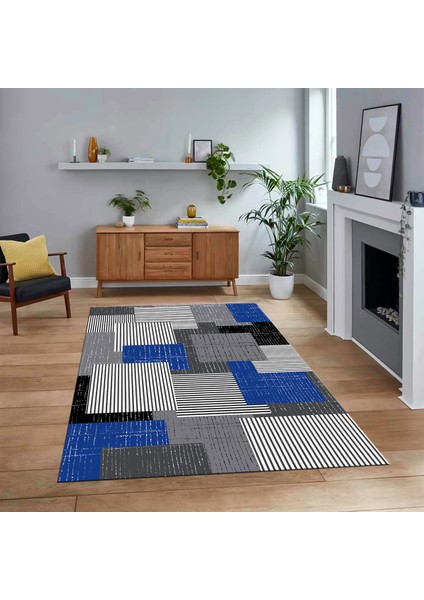 Dijital Baskılı Kaymaz Taban Yıkanabilir Modern Yolluk Mutfak Salon Halısı, V-Modern-47-Mavi,