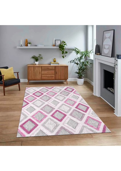 Dijital Baskılı Kaymaz Taban Yıkanabilir Modern Yolluk Mutfak Salon Halısı, V-Modern-66-Pembe,