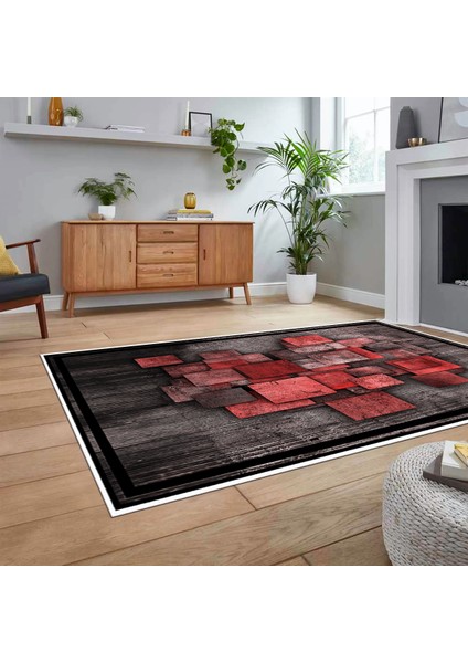 Dijital Baskılı Kaymaz Taban Yıkanabilir Modern Yolluk Mutfak Salon Halısı, V-Modern-13-Kırmızı,