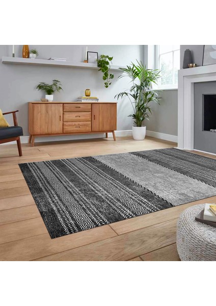 Dijital Baskılı Kaymaz Taban Yıkanabilir Modern Yolluk Mutfak Salon Halısı, V-Modern-83-Gri,