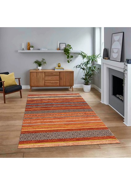 Dijital Baskılı Kaymaz Taban Yıkanabilir Modern Yolluk Mutfak Salon Halısı, V-Modern-17-Turuncu,