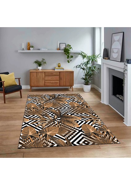 Dijital Baskılı Kaymaz Taban Yıkanabilir Modern Yolluk Mutfak Salon Halısı, V-MODERN-100-KAHVE,