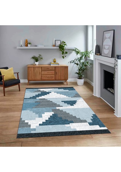 Dijital Baskılı Kaymaz Taban Yıkanabilir Modern Yolluk Mutfak Salon Halısı, V-Modern-11-Mavi,