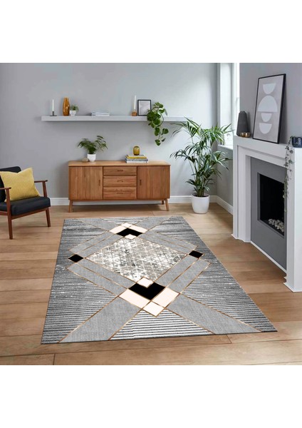 Dijital Baskılı Kaymaz Taban Yıkanabilir Modern Yolluk Mutfak Salon Halısı, V-Modern-12-Gri,