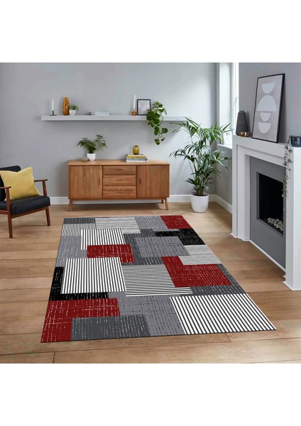 Dijital Baskılı Kaymaz Taban Yıkanabilir Modern Yolluk Mutfak Salon Halısı, V-Modern-47-Bordo,