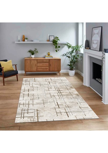 Dijital Baskılı Kaymaz Taban Yıkanabilir Modern Yolluk Mutfak Salon Halısı, V-Modern-89-Krem,