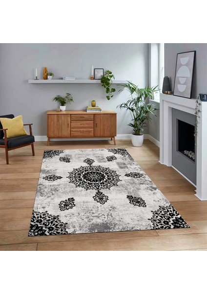 Dijital Baskılı Kaymaz Taban Yıkanabilir Modern Yolluk Mutfak Salon Halısı, V-Modern-45-Siyah,