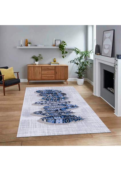 Dijital Baskılı Kaymaz Taban Yıkanabilir Modern Yolluk Mutfak Salon Halısı, V-Modern-50-Mavi,