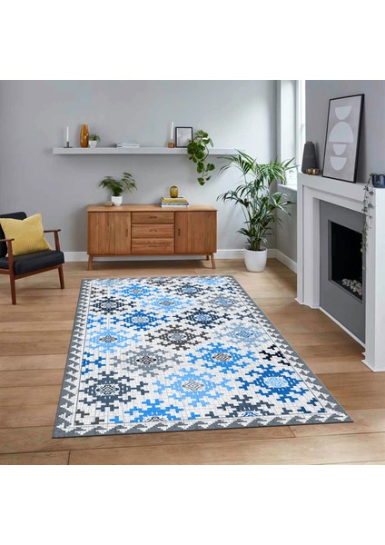 Dijital Baskılı Kaymaz Taban Yıkanabilir Modern Yolluk Mutfak Salon Halısı, V-Modern-14-Mavi,