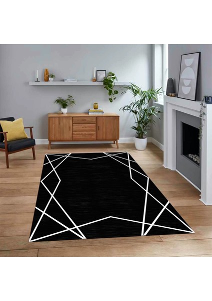 Dijital Baskılı Kaymaz Taban Yıkanabilir Modern Yolluk Mutfak Salon Halısı, V-Modern-05-Siyah,