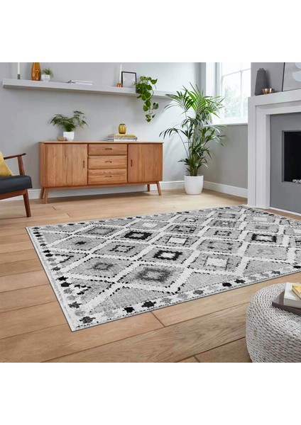 Dijital Baskılı Kaymaz Taban Yıkanabilir Modern Yolluk Mutfak Salon Halısı, V-Modern-60-Gri,
