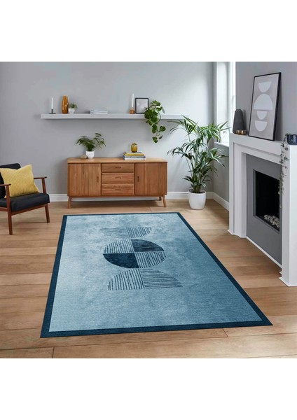 Dijital Baskılı Kaymaz Taban Yıkanabilir Modern Yolluk Mutfak Salon Halısı, V-Modern-94-Mavi,