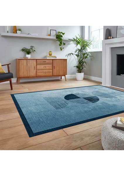 Dijital Baskılı Kaymaz Taban Yıkanabilir Modern Yolluk Mutfak Salon Halısı, V-Modern-94-Mavi,