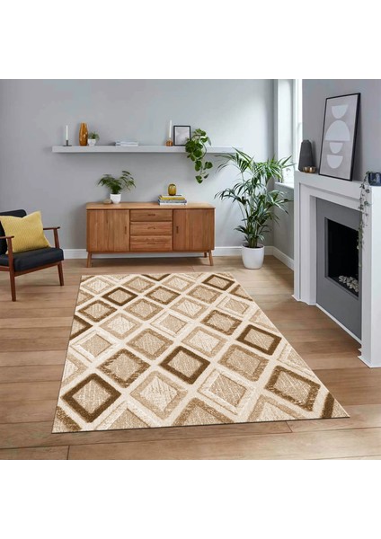 Dijital Baskılı Kaymaz Taban Yıkanabilir Modern Yolluk Mutfak Salon Halısı, V-Modern-66-Kahve,