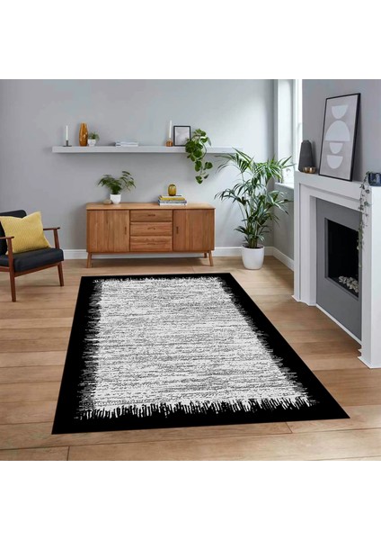 Dijital Baskılı Kaymaz Taban Yıkanabilir Modern Yolluk Mutfak Salon Halısı, V-Modern-43-Siyah,