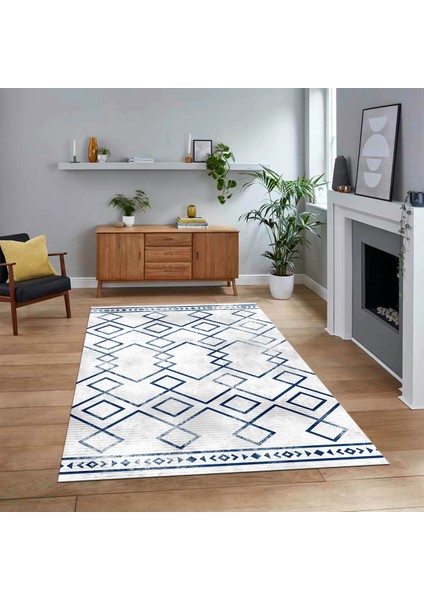 Dijital Baskılı Kaymaz Taban Yıkanabilir Modern Yolluk Mutfak Salon Halısı, V-Modern-91-Mavi,