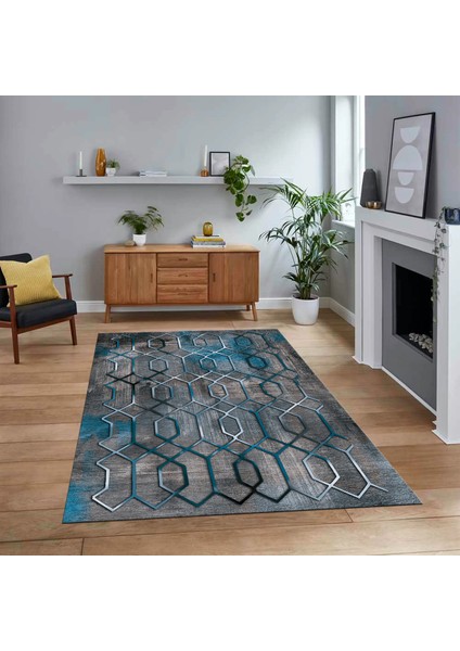 Dijital Baskılı Kaymaz Taban Yıkanabilir Modern Yolluk Mutfak Salon Halısı, V-Modern-90-Mavi,