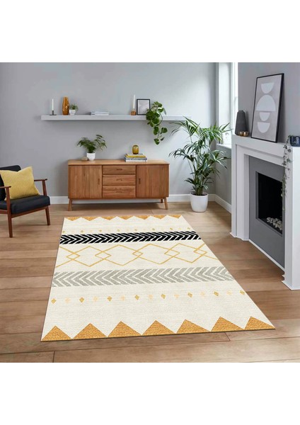 Dijital Baskılı Kaymaz Taban Yıkanabilir Modern Yolluk Mutfak Salon Halısı, V-Modern-75-Krem,
