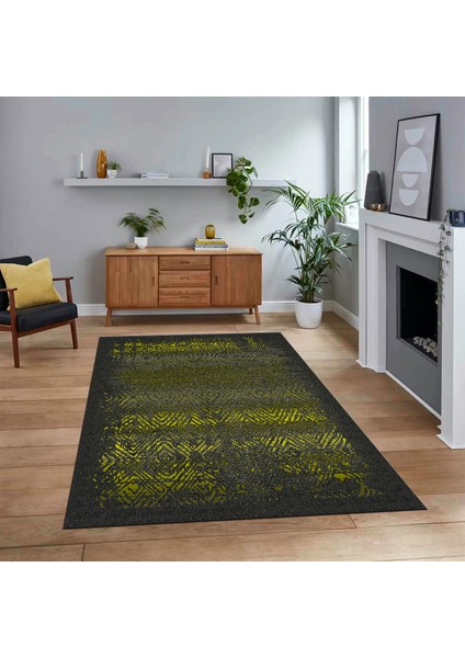 Dijital Baskılı Kaymaz Taban Yıkanabilir Modern Yolluk Mutfak Salon Halısı, V-Modern-28-Sarı,