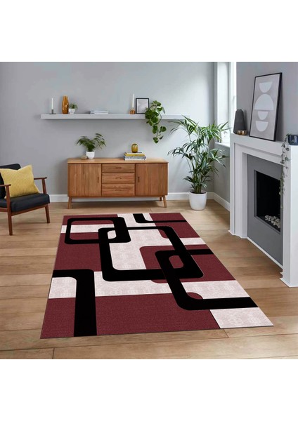 Dijital Baskılı Kaymaz Taban Yıkanabilir Modern Yolluk Mutfak Salon Halısı, V-Modern-40-Bordo,