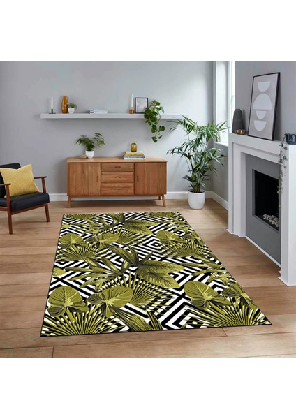 Dijital Baskılı Kaymaz Taban Yıkanabilir Modern Yolluk Mutfak Salon Halısı, V-MODERN-100-SARI,