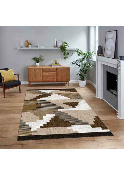 Dijital Baskılı Kaymaz Taban Yıkanabilir Modern Yolluk Mutfak Salon Halısı, V-Modern-11-Kahve,