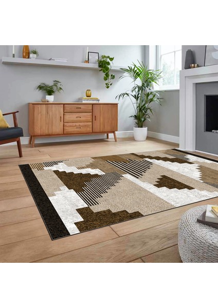 Dijital Baskılı Kaymaz Taban Yıkanabilir Modern Yolluk Mutfak Salon Halısı, V-Modern-11-Kahve, fiyatları