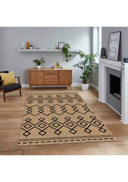 Dijital Baskılı Kaymaz Taban Yıkanabilir Modern Yolluk Mutfak Salon Halısı, V-Modern-87-Krem,