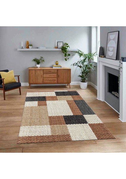 Dijital Baskılı Kaymaz Taban Yıkanabilir Modern Yolluk Mutfak Salon Halısı, V-Modern-77-Kahve,