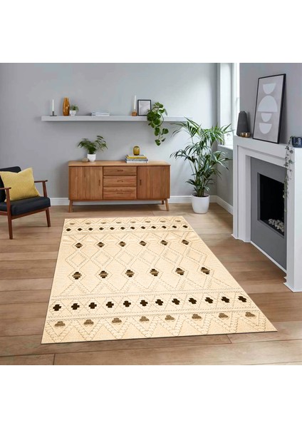 Dijital Baskılı Kaymaz Taban Yıkanabilir Modern Yolluk Mutfak Salon Halısı, V-Modern-65-Krem,