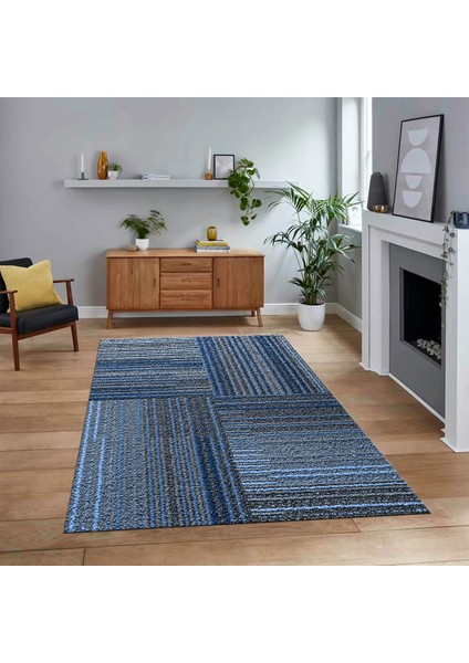 Dijital Baskılı Kaymaz Taban Yıkanabilir Modern Yolluk Mutfak Salon Halısı, V-Modern-34-Mavi,