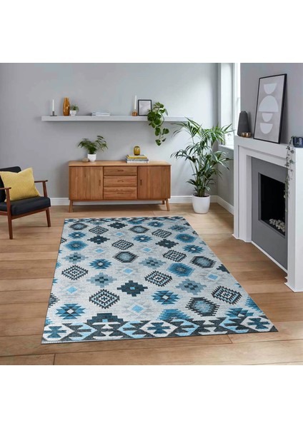 Dijital Baskılı Kaymaz Taban Yıkanabilir Modern Yolluk Mutfak Salon Halısı, V-Modern-99-Mavi,