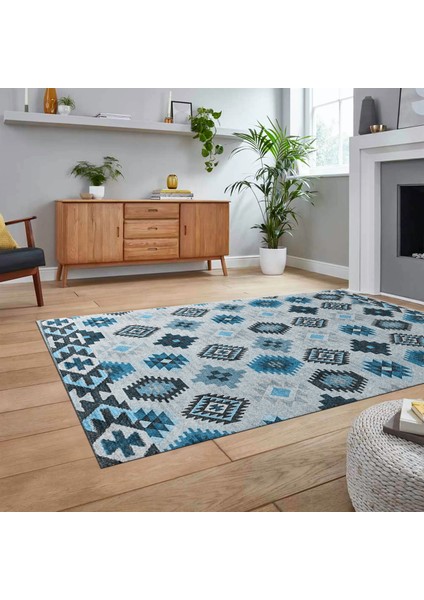 Dijital Baskılı Kaymaz Taban Yıkanabilir Modern Yolluk Mutfak Salon Halısı, V-Modern-99-Mavi, fiyatları