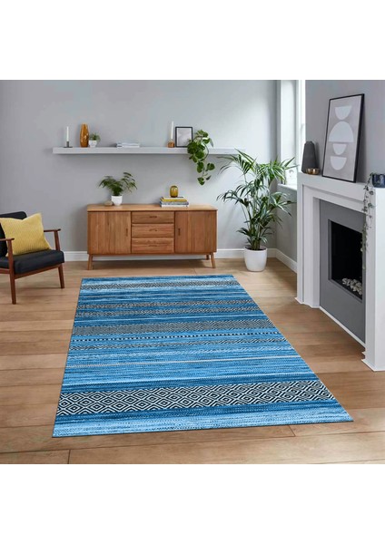 Dijital Baskılı Kaymaz Taban Yıkanabilir Modern Yolluk Mutfak Salon Halısı, V-Modern-17-Mavi,