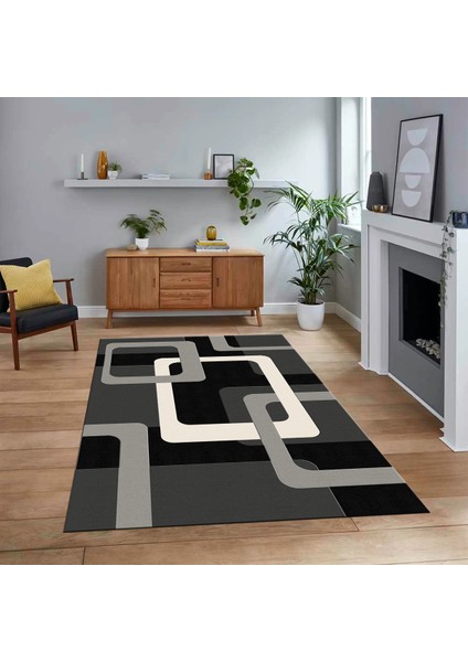 Dijital Baskılı Kaymaz Taban Yıkanabilir Modern Yolluk Mutfak Salon Halısı, V-Modern-40-Gri,