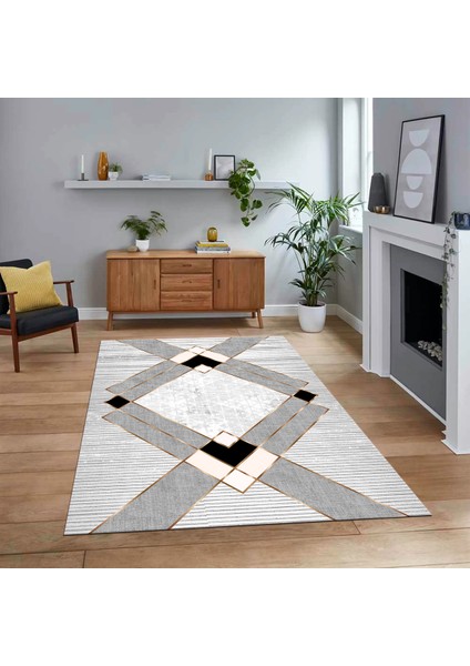 Dijital Baskılı Kaymaz Taban Yıkanabilir Modern Yolluk Mutfak Salon Halısı, V-Modern-12-Krem,