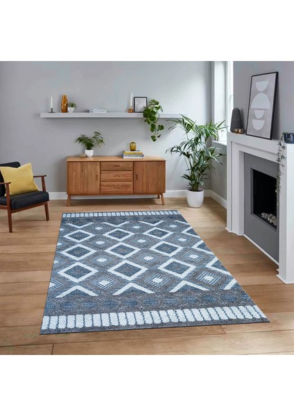 Dijital Baskılı Kaymaz Taban Yıkanabilir Modern Yolluk Mutfak Salon Halısı, V-Modern-69-Mavi,