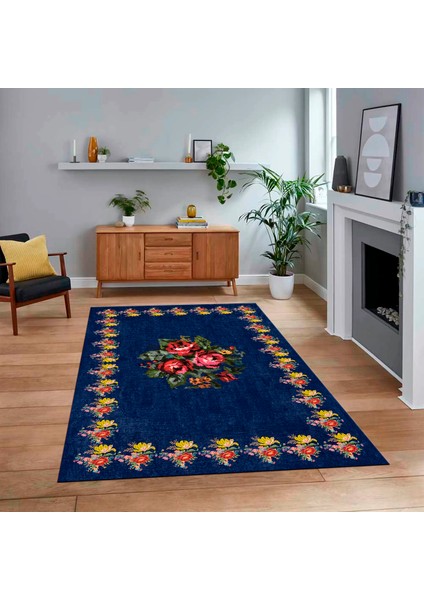 Dijital Baskılı Kaymaz Taban Yıkanabilir Modern Yolluk Mutfak Salon Halısı, V-Modern-20-Mavi,