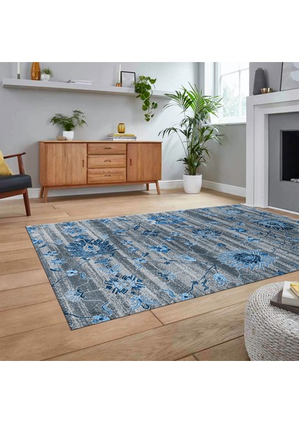 Dijital Baskılı Kaymaz Taban Yıkanabilir Modern Yolluk Mutfak Salon Halısı, V-Modern-30-Mavi,