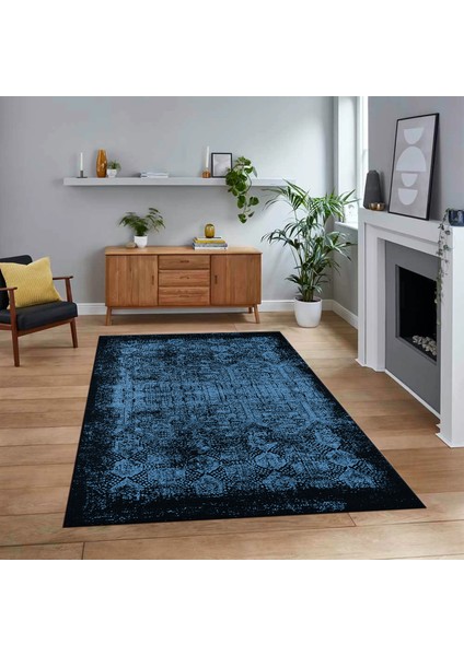 Dijital Baskılı Kaymaz Taban Yıkanabilir Modern Yolluk Mutfak Salon Halısı, V-Modern-04-Mavi,