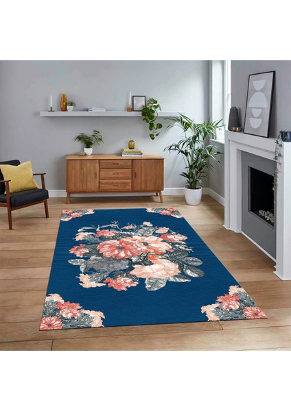 Dijital Baskılı Kaymaz Taban Yıkanabilir Modern Yolluk Mutfak Salon Halısı, V-Modern-35-Mavi,
