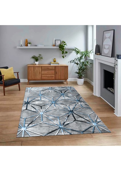 Dijital Baskılı Kaymaz Taban Yıkanabilir Modern Yolluk Mutfak Salon Halısı, V-Modern-39-Mavi,
