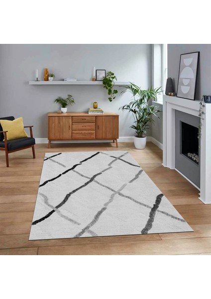 Dijital Baskılı Kaymaz Taban Yıkanabilir Modern Yolluk Mutfak Salon Halısı, V-Modern-73-Gri,