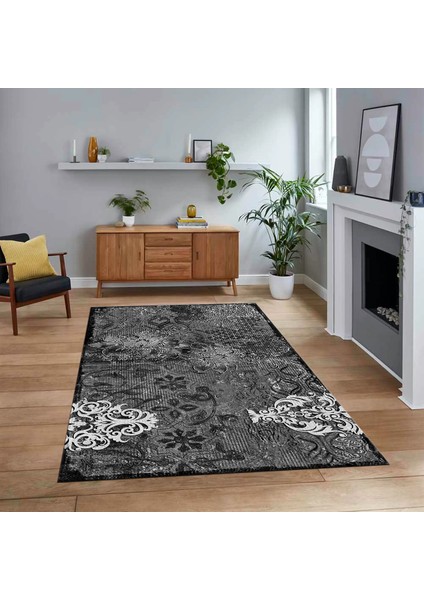 Dijital Baskılı Kaymaz Taban Yıkanabilir Modern Yolluk Mutfak Salon Halısı, V-Modern-15-Antrasit,