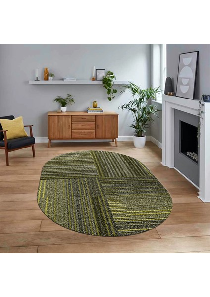 Dijital Baskılı Kaymaz Taban Yıkanabilir Oval Modern Yolluk Salon Halısı, V-O-Modern-34-Yeşil,