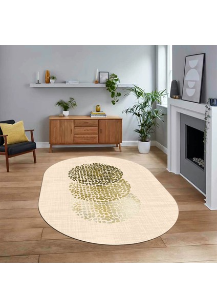 Dijital Baskılı Kaymaz Taban Yıkanabilir Oval Modern Yolluk Salon Halısı, V-O-Modern-01-Krem,