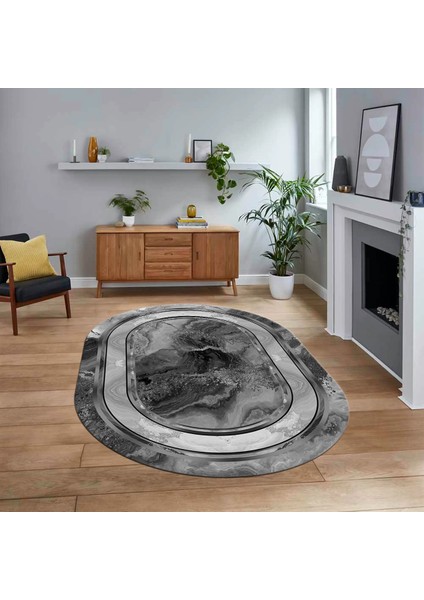 Dijital Baskılı Kaymaz Taban Yıkanabilir Oval Modern Yolluk Salon Halısı, V-O-Modern-46-Gri,