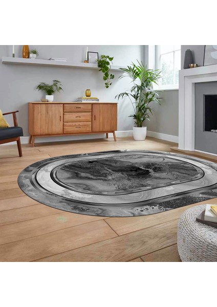 Dijital Baskılı Kaymaz Taban Yıkanabilir Oval Modern Yolluk Salon Halısı, V-O-Modern-46-Gri,